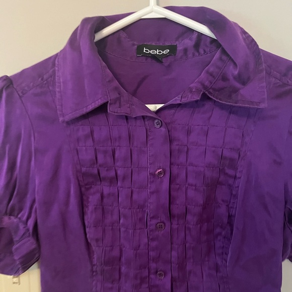 Purple puffy sleave button up top, short sleeve top, bebe satin top - Picture 2 of 3